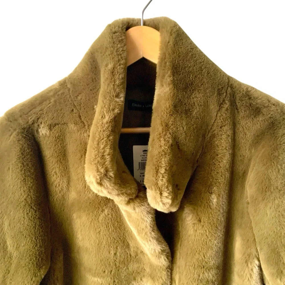 NWT STELLA + LORENZO Teddy Jacket Plush Oversized Olive Green Brown Medium